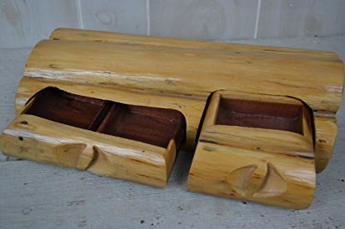 Cedar Log Jewelry Box with Extra Hidden Drawers and Natural Carvings, 14" length, Aromatic Cedar Chest by Creation Carvings #A5