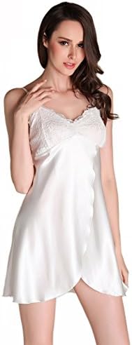Women's Sexy Lingerie V-neck Lace Trim Satin Chemises Slip Sleepwear (M, White)