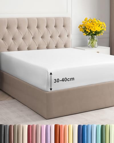 Fitted Sheet 160 x 200 cm Extra Deep 40 cm Deep – Soft Brushed Polyester Microfibre – Thick Mattress up to 40 cm (16 Inches) – Oeko-TEX – Shrinkage and Fade Resistant – White