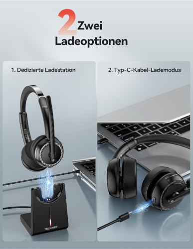 TECKNET V5.3 Bluetooth Headset with Microphone, Wireless Headset with AI Noise Cancelling Microphone, Charging Station, USB Dongle, 55+ Hours Battery, Rechargeable On-Ear Headphones for Office, Home, Call Centre