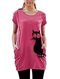Allegra K Lady Round Neck Short Sleeve Cat Prints Loose Tunic Top M Fuchsia