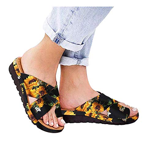 DZTZ Women Slides Slippers Sandal Toe Platform Flip Flop Shoes Summer Beach Travel Shoes Flip-Flops (35, Sunflower-B)