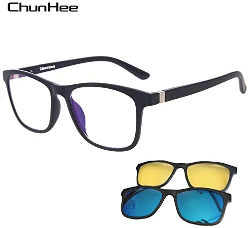 ChunHee Blue Light Blocking Computer Glasses+Blue Polarized Clip on Lens +Yellow Night Driving Clip on Lens 3 in 1 Anti Glare UV Protection Sunglasses for Men and Women