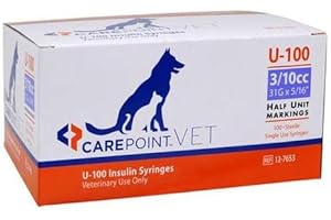 Carepoint Vet U-100 Pet Insulin Syringes, 31G x 5/16" 3/10cc, Comfortable Injection, Bold Permanent Markings for Accurate Dosage, Disposable, Box of 100