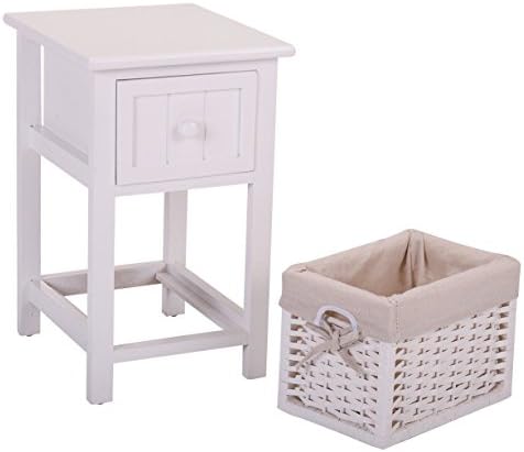 New Pair of White Chic Nightstand End Side Bedside Table w/Wicker Storage Wood