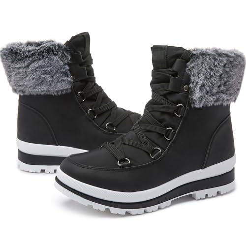 Photo 1 of hash bubbie Women's Fuzzy Mid-Calf Boots Lace up Snow Boots for women Non Slip Combat Boots Black Winter Boots White Combat Boots(Waterproof,Zipper)?Black.US7.5?
