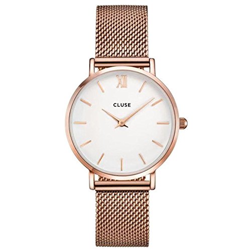 Cluse Women's Minuit 33mm Rose Gold-Tone Steel Bracelet Metal Case Quartz White Dial Analog Watch CL30013