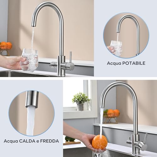 DETBOM 3 Way Kitchen Sink Tap for Osmosis Systems, 3 in 1 Double Lever Drinking Water, Hot and Cold, 360° Swivel, Stainless Steel, Brushed Silver