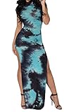 Bigyonger Women's Tie Dye Dress Vintage Short Sleeve Bodycon Cheongsam Dress