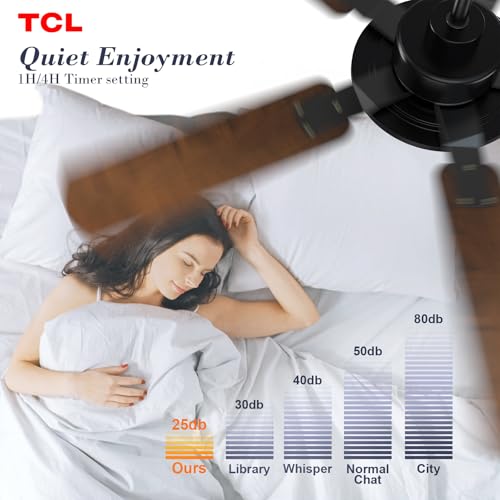 TCL Ceiling Fans with Lights, 52 Inch Ceiling Fan with Light and Remote Control, Reversible DC Motor, Noiseless, Dimmable 36W LED, Modern Ceiling Fan for Bedroom Living Room (Black)
