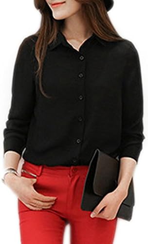 Moda Jihan Women's Long Sleeve Button Down Chiffon Blouse Shirt Top (XXXL, Black)