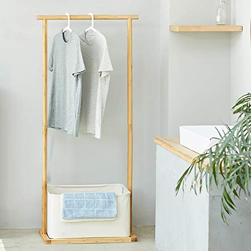 Bamboo Garment Rack Freestanding White Clothes Rack with Hamper Storage