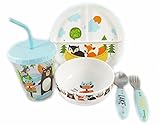 Deluxe Kid Friendly 5 pc Cute Animal Decal Dinnerware Set, BPA Free with Anti-Slip Rubber by Pillowfort (Blue)