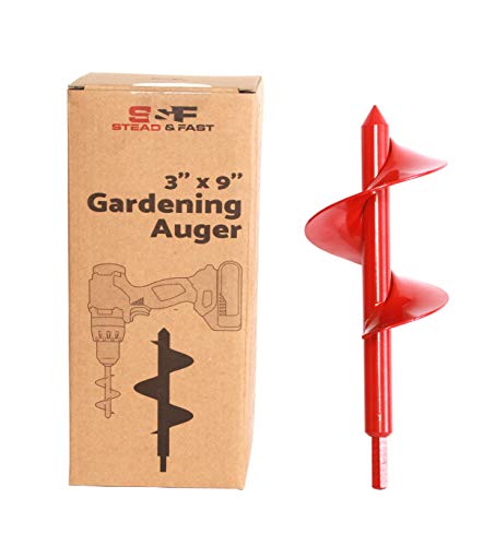 STEAD & FAST Bulb Auger 3.0" x 9" with 1/3" Hex Drive, Garden Auger for Planting Bulbs and Grass, Bedding, Hole Digging, Solid Carbon Steel, Red