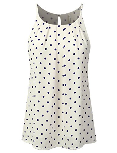 JJ Perfection Women's Round Neck Front Pleated Chiffon Cami Tank Top OFFWHITENAVY L