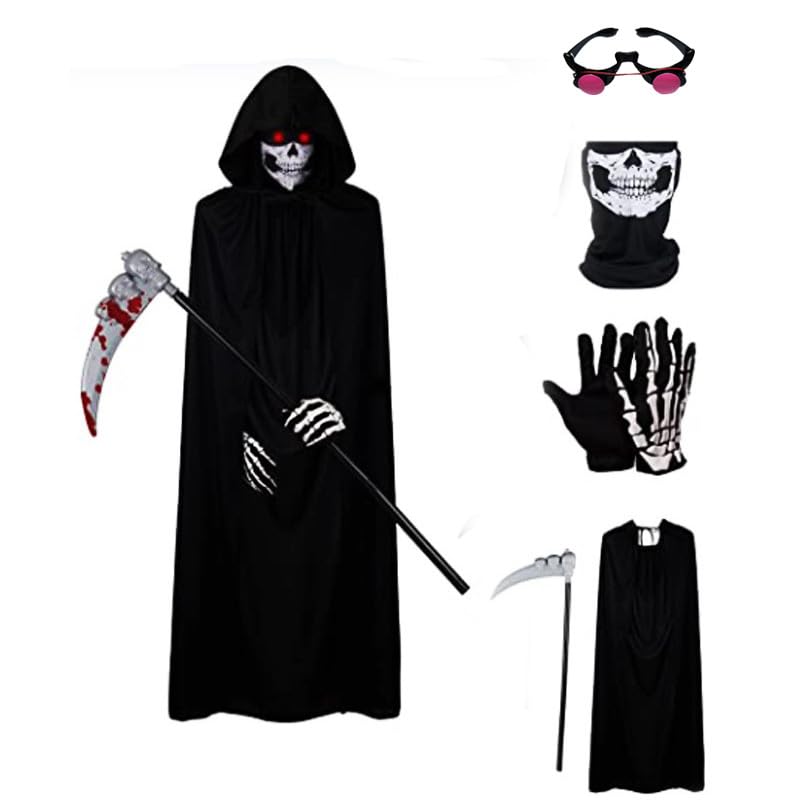 Niceyoeuk Halloween Cloak Cosplay Costume for Women Men Kids Death Grim Reaper Horror Robe with Glowing Red Eyes Glasses,Scythe,Facewear,Gloves (Black Adults, 5Pcs)