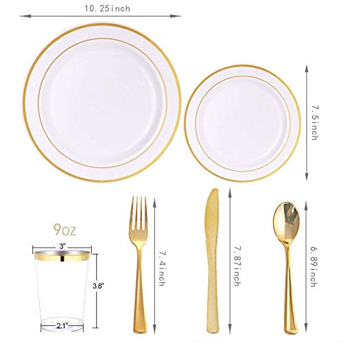 BLACK SWAN 150 pcs Gold Rim Plates & Plastic Silverware & Gold Rim Cups, Disposable Dinnerware/Cutlery/Party Tableware for 25 Guest includes: 25 Dinner Plates, 25 Dessert Plates, 25 Tumblers, 25 Forks