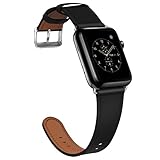 Compatible with Apple Watch Band, BELONGME 44mm 42mm Watch Band Genuine Leather Strap Stainless Metal Buckle Compatible Apple Watch Series 4(44mm),Series 3, 2, 1(42mm) Sport & Edition- Black