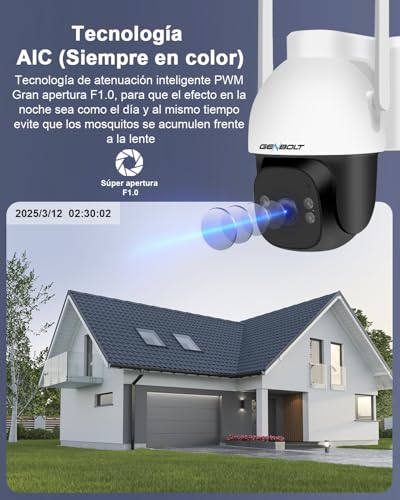 GENBOLT 4G LTE Camara Seguridad Exterior Solar Inalámbrica Sin WiFi, 24/7 Grabación AOV, 15600mAh Batería 8W Panel Solar,2K Camara Vigilancia 4G, con SIM, Apertura F1.0, Detección IA 90 Pies