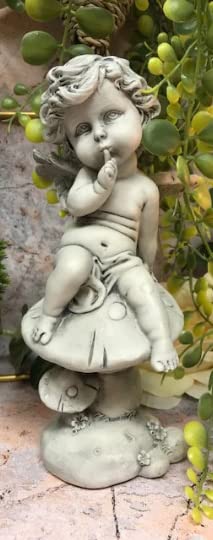 Guardian Angel Figurine Cherub Resting on Toadstool Gravestone Garden Ornament Statue Grave Sculpture