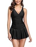 LALAVAVA Women's One Piece Swimsuit Ruched Tummy Control Skirted Swimdress Bathing Suit