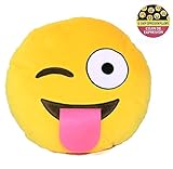 Q‘s 13x13 / 32cm Emoji Smiley Emoticon Yellow Round Cushion Pillow Stuffed Plush Soft Toy USA (Tongue)