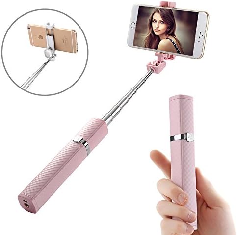 Quarkware Protable Wireless Bluetooth Lipstick Selfie Stick with Clear Rear View Mirror for Smart Phone iPhone Samsung and More (Pink)