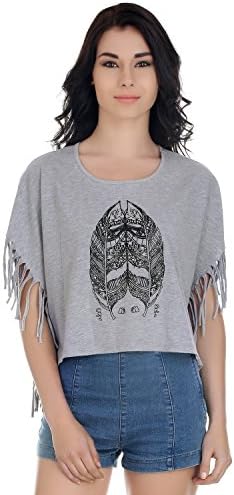 Women's Round Neck Cow Boy Fringes Boat Neck Top with Print