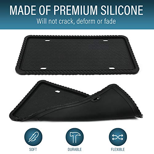 LotFancy Silicone License Plate Holder, 2PCS License Plate Frames with Mounting Accessories, Universal American Car Plate Cover, Black, Rust-Proof, Weather-Proof and Rattle-Proof