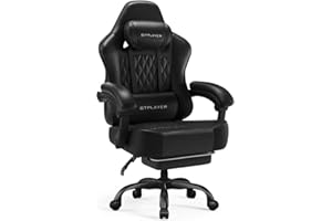 GTPLAYER Big and Tall Gaming Chair with Footrest, Ergonomic Office Desk Chair with 4.4in Thick Cushion and Wide Wingless Seat, Comfortable Leather Computer Chair, Predator Series, Black