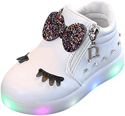 Infant Kids Crystal Bowknot LED Luminous Boots, Outsta Baby Girls Sport Shoes Anti-Slip Shoes Soft Sole Sneakers (US:9(), White)