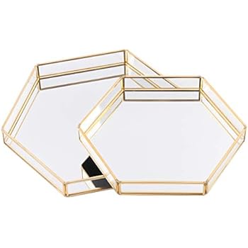 Koyal Wholesale Glass Mirror Hexagonal Trays Vanity Set of 2, Gold Decorative Mirrored Hexagon Trays for Coffee Table, Bar Cart, Dresser, Bathroom, Perfume, Makeup, Wedding Centerpieces
