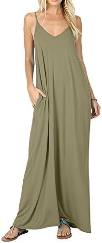 Women’s Casual Plain V-Neck Loose Beach Cover-Up Long Maxi Cami Dress Pockets