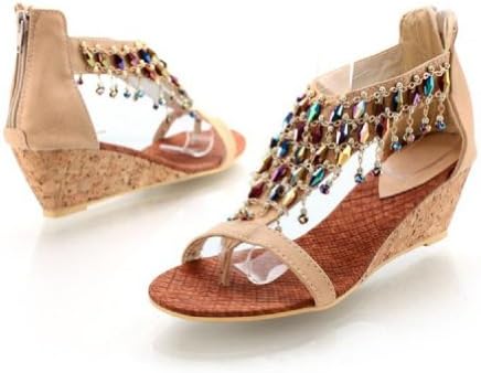 New Summer Fashion Handmade Beaded Womens Wedge Heels Thong Sandals Shoes (9.5, apricot)