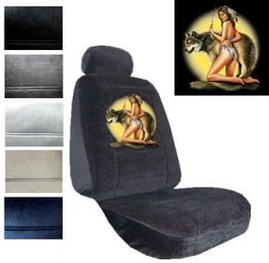 Seat Cover Connection Women with Wolf print 2 Low Back Bucket Car Truck SUV Seat Covers with 2 Head Rest Covers - Tan