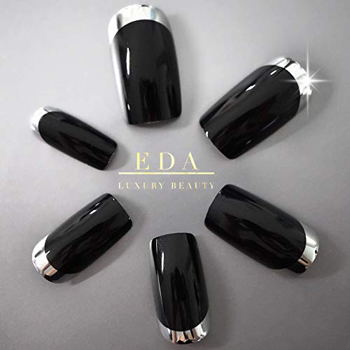EDA LUXURY BEAUTY BLACK SILVER CHROME FRENCH GLAMOROUS DESIGN Full Cover Press On Gel Glitter Artificial Nail Tips Shiny Acrylic False Nails Extra Long Ballerina Coffin Square Super Fashion Fake Nails 4 EDA LUXURY BEAUTY BLACK SILVER CHROME FRENCH GLAMOROUS DESIGN Full Cover Press On Gel Glitter Artificial Nail Tips Shiny Acrylic False Nails Extra Long Ballerina Coffin Square Super Fashion Fake Nails