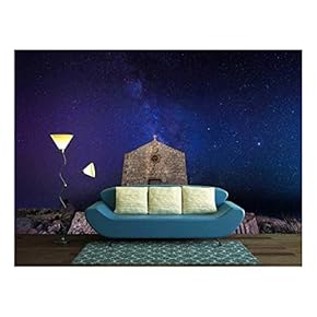 Spectacular Night View with Milk Way Over The Church - Removable Wall Mural | Self-Adhesive Large Wallpaper - 66x96 inches