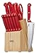 Ginsu Essential Series 14-Piece Stainless Steel Serrated Knife Set – Cutlery Set with Red Kitchen Knives in a Natural Block, 03879DS