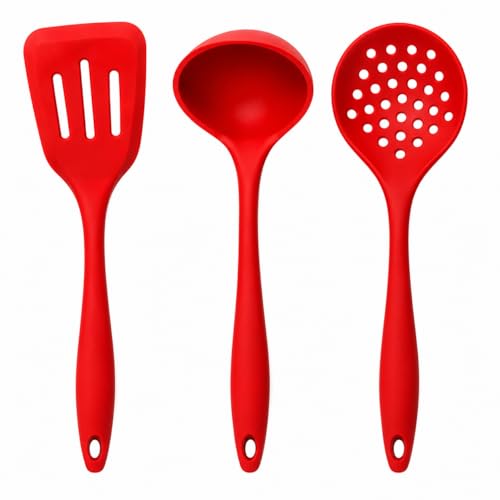 Kit 3 Utensílios de Cozinha em Silicone Vermelho Concha Espátula Escumadeira Premium Resistente até 230°C Não Risca Panela