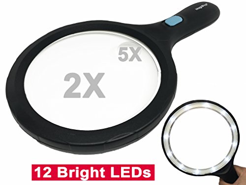 MagniPros 5.5 Jumbo Magnifying Glass with 12 Bright LED Lights(provides evenly lit area) 2X Lens with 5X Zoom Handheld Lighted Magnifier Glass