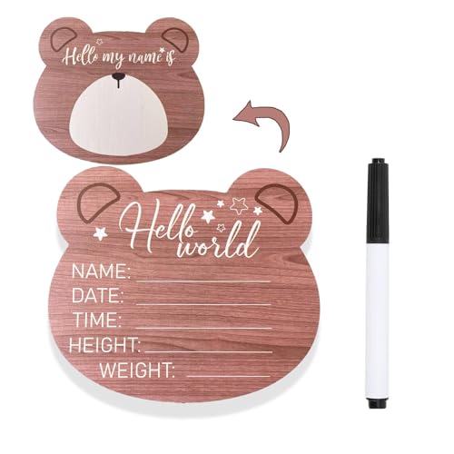 Butterfly Baby Announcement Sign, 5.9x5.3 Inch Wooden Hello World Newborn Signs, Birth Announcement Sign, Adorable Bear Decoration, Welcome Newborn Arrival to World, Hospital Nursery for Baby