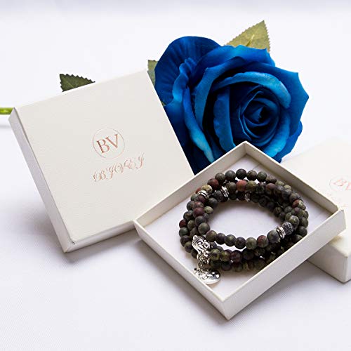 Bivei 108 Mala Beads Bracelet - Genuine Gemstone Mala Prayer Beads Lotus Charm Meditation Necklace (Bloodstone)