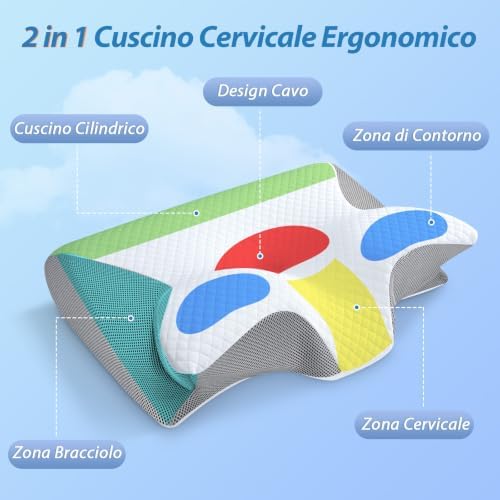 Cuscino Cervicale 2 in 1 Memory Foam per Dormire,Grigio,60x40x12/14cm