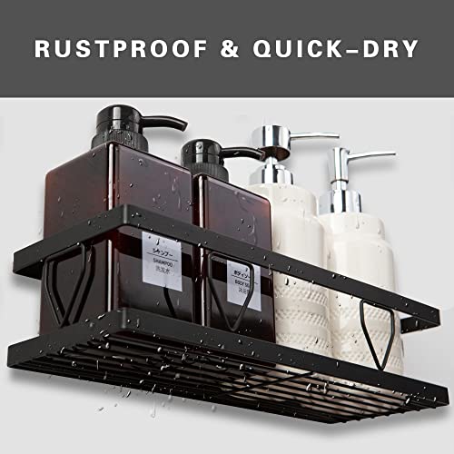 Shower Caddy Shelf Organizer & Bathroom Hair Dryer Hanging Organizer with Hooks, No Drilling Traceless Adhesive Wall Mounted Shower Shelves, Rustproof Stainless Steel Storage Organizer, 2Pack/ Black