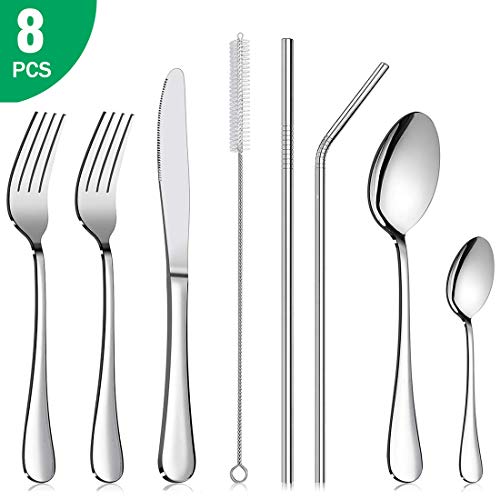 LPOLER Travel Utensils Silverware Set Flatware Portable Cutlery Set Service for 1 with 8 Pieces Stainless Steel Dinner Knives Spoons Forks Set Straws Cleaning Brush, Mirror Polished, Dishwasher Safe - Thumbnail 7