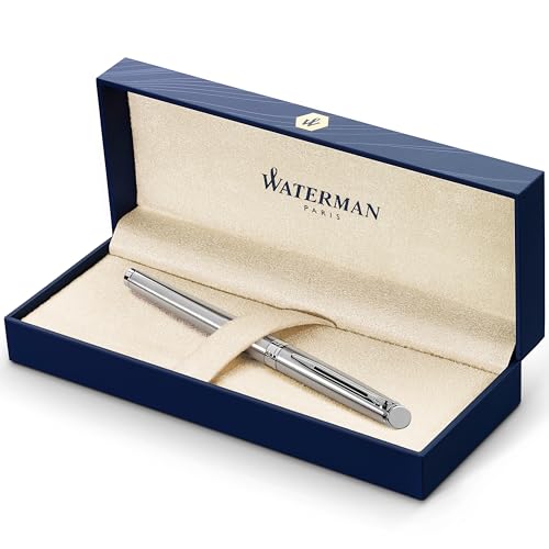 Waterman Hemisphere Fueller | Edelstahl mit Chromzierteile | Fuellfederhalter mit feiner Feder und blauer Tinte | Geschenkbox