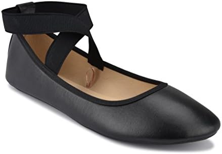 P26 Women's Classic Ballerina Ballet Flats Shoes with Elastic Crossing Straps (11, Black PU)