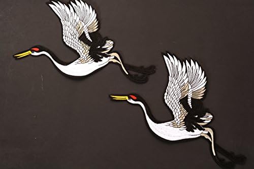 A Iron on Patches, Red-Crowned Crane, Iron on Patches, Embroidery Patterns, Patches for Jackets (One Pair Open Wing Red-Crowned Crane, Black and White)