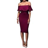 Women's Off Shoulder Ruffles Back Split Slim Stretch Cocktail Party Bodycon Midi Dress S Burgundy