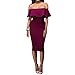 Women's Off Shoulder Ruffles Back Split Slim Stretch Cocktail Party Bodycon Midi Dress S Burgundy